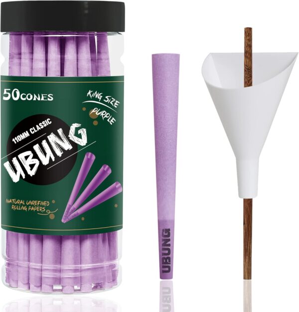UBUNG CONES | 50 Pack | King Size Purple Pre Rolled Cones with Tips | 108mm Slow Type Purple Rolling Paper with Cone Loader