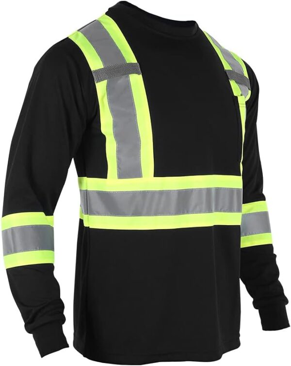 Men's High Vis Safety Work T Shirt ANSI Class 2 Reflective Long Sleeve Shirt with Pocket(Black,S) - Image 2