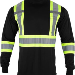 Men's High Vis Safety Work T Shirt ANSI Class 2 Reflective Long Sleeve Shirt with Pocket(Black,S)
