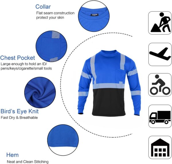 FONIRRA Safety Reflective High Visibility T Shirts for Men with Long Sleeve Construction Work Shirts ANSI Class 3(Blue,XL) - Image 5
