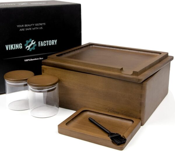 Large Wooden Box Tray Set Storage Decorative Box - Includes Reversible Tray Glass Jar and All Accessories (Walnut)
