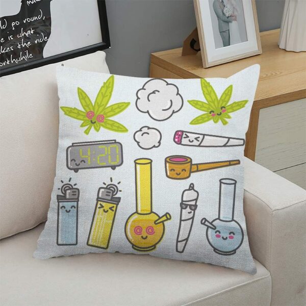 Throw Pillow Cover Green Bong Marijuana Kawaii Cartoon Pack Weed Smoke Leaf Pot Cannabis Decorative Throw Pillow Cushion Case for Home Couch Living Room Bed Sofa Car 18 x 18 Inch Pillowcase - Image 5