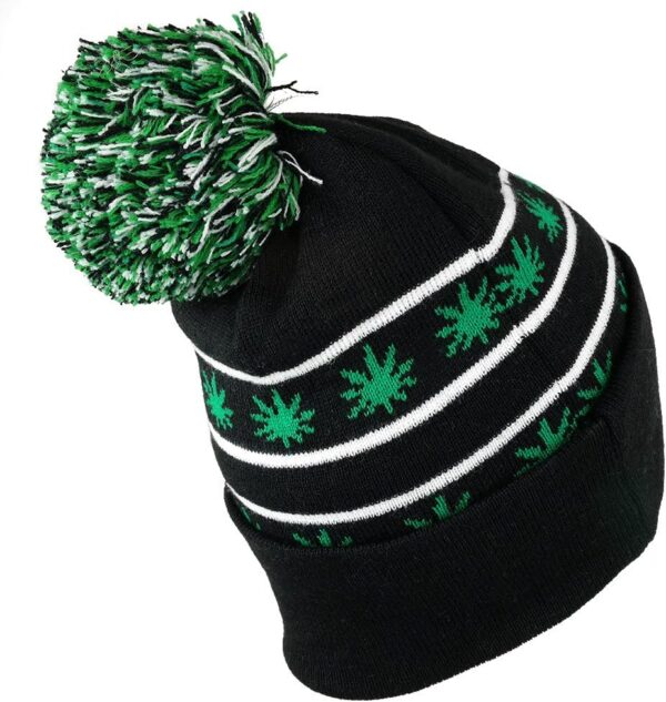 Marijuana Leafs Pom Pom Acrylic Beanie Hat - Image 2