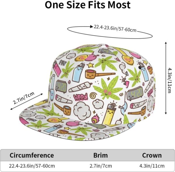 Green Weed Marijuana Kawaii Cannabis Pattern Flat Bill Hat, Unisex Snapback Baseball Cap Hip Hop Style Flat Visor Blank Adjustable - Image 5
