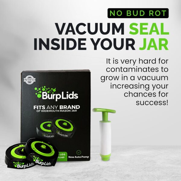 Burp Lids 12 Pack Curing Kit - Fits All Wide Mouth Mason Jar Containers - A Home Harvesting Essential. 12 lids + extraction pump. Vacuum sealed for successful cure. - Image 6