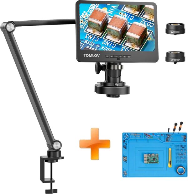 TOMLOV DM602 Flex 2024 Digital Microscope, 10.1" HDMI Soldering Microscope for Electronic Repair, 2K Coin Microscope with Ring Light,Adults LCD Video Microscope, Flexible Arm for PCB Watch+SP01