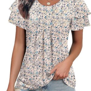 KTILG Women's Summer Tops Ruffle Short Sleeve T Shirts Crewneck Pleated Front Blouse Casual