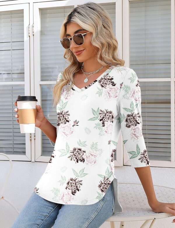 KTILG Women's V Neck T Shirts 3/4 Sleeve Blouse Summer Tops Dressy Casual Solid Basic Tees - Image 4