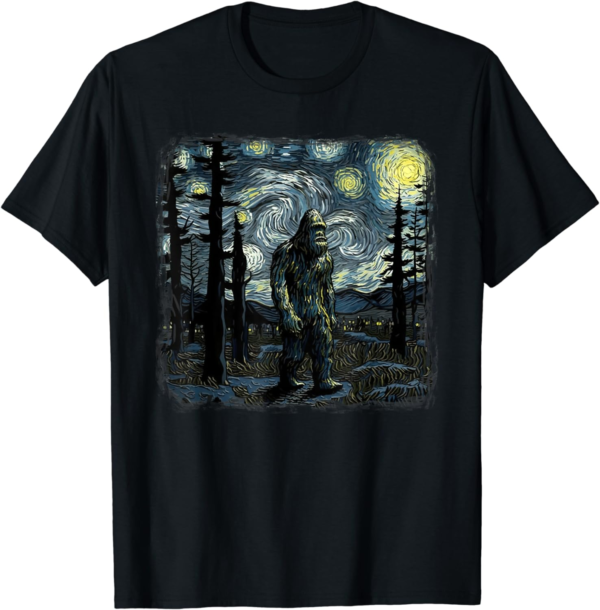 Bigfoot Starry Night Sasquatch Van Gogh Sky Painting Art T-Shirt