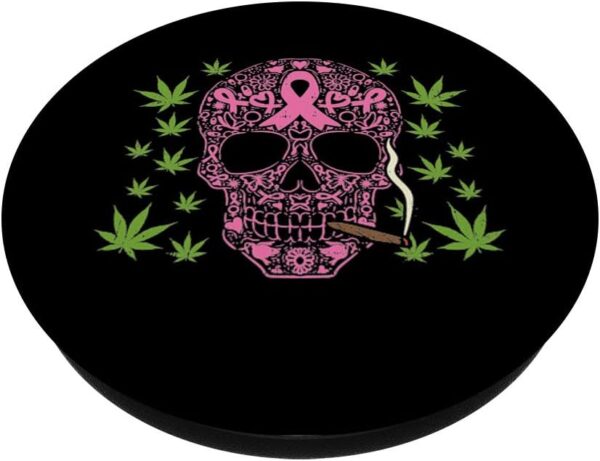 Pink Ribbon Sugar Skull Smoking Weed Cannabis Mexican Gift PopSockets Grip and Stand for Phones and Tablets - Image 2