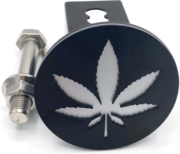 Tow Hitch Cover for 2" Receiver Tow Truck Trailer SUV Heavy Duty Metal (Black/Silver) (Weed Leaf) - Image 2