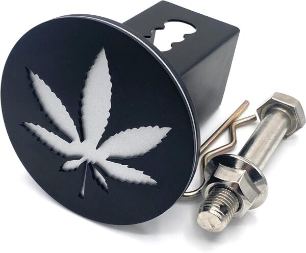 Tow Hitch Cover for 2" Receiver Tow Truck Trailer SUV Heavy Duty Metal (Black/Silver) (Weed Leaf)
