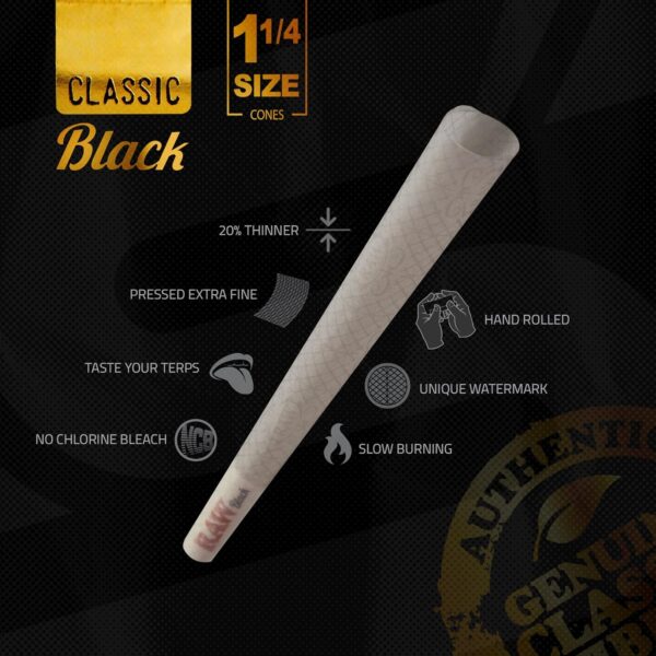 RAW Cones Classic Black 1-1/4 Size - 50 Pack - Slow Burning Pre Rolled Cones - Rolling Paper Pressed Extra Fine for Thin, Naturally Translucent Paper with Tips & Packing Tubes Included - Image 3