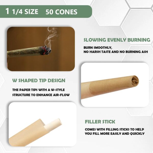 Pre Rolled Cones 1 1/4 Size 50 Pack, Natural Unbleached Rolling Papers with W-shaped Tips, Slow & Even Burning Preroll Cones, Packing Tubes Included for Party Gift (84mm) - Image 3