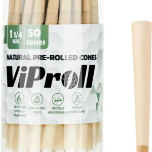 Pre Rolled Cones 1 1/4 Size 50 Pack, Natural Unbleached Rolling Papers with W-shaped Tips, Slow & Even Burning Preroll Cones, Packing Tubes Included for Party Gift (84mm)
