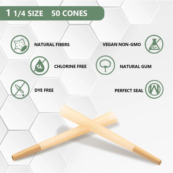 Pre Rolled Cones 1 1/4 Size 50 Pack, Natural Unbleached Rolling Papers with W-shaped Tips, Slow & Even Burning Preroll Cones, Packing Tubes Included for Party Gift (84mm) - Image 2