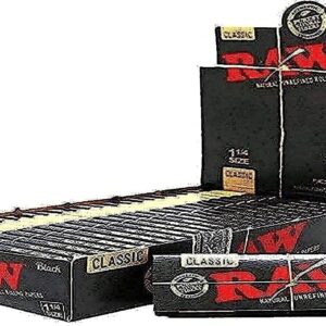 RAW Classic 1 1/4 Size Natural Unrefined Ultra Thin 79mm Rolling Papers, Black, 24 Count