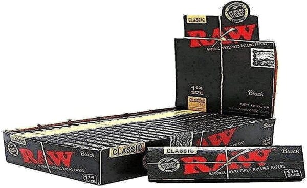 RAW Classic 1 1/4 Size Natural Unrefined Ultra Thin 79mm Rolling Papers, Black, 24 Count