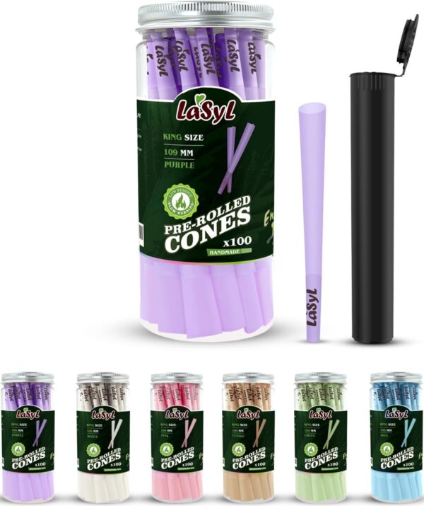 LaSyL Pre Rolled Cones | 100 Pack King Size (Purple) | Rolling Paper with Tips and Packing Tubes (4.3inch/109mm) | Burn Slow and Even