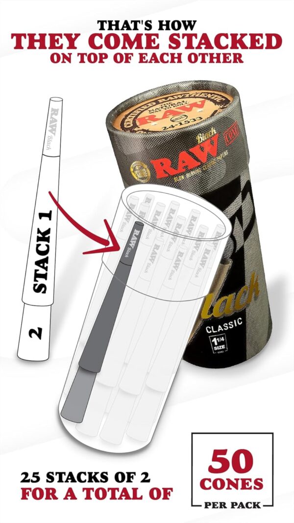 RAW Cones Classic Black 1-1/4 Size - 50 Pack - Slow Burning Pre Rolled Cones - Rolling Paper Pressed Extra Fine for Thin, Naturally Translucent Paper with Tips & Packing Tubes Included - Image 2
