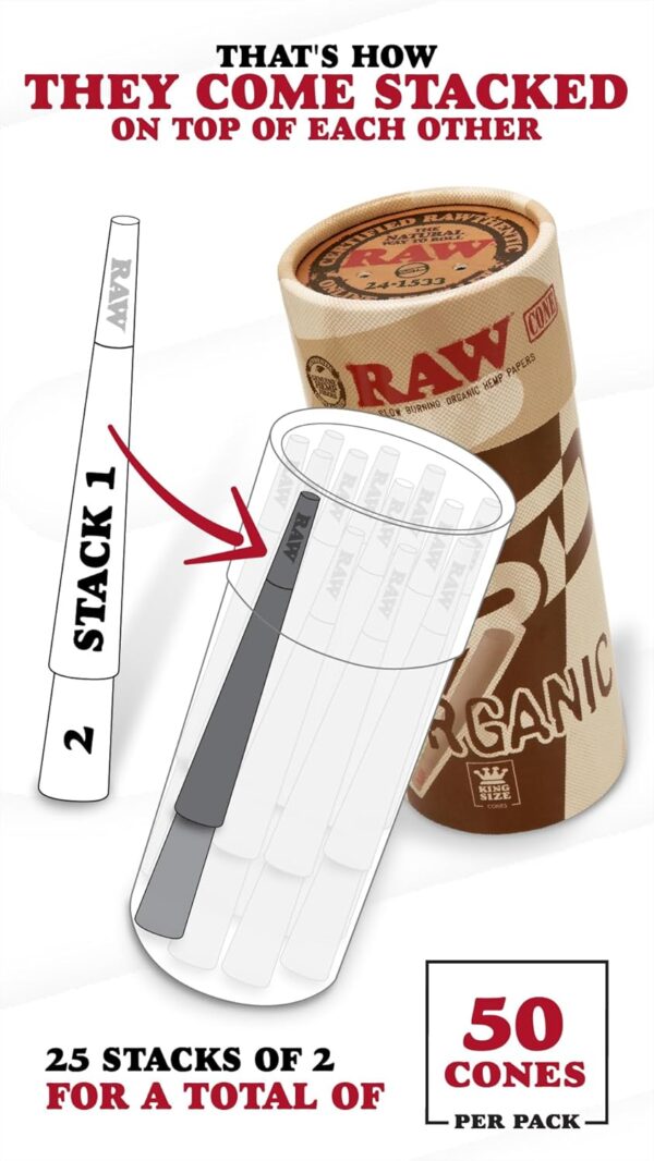 RAW Cones Organic King Size | 50 Pack | Pre Rolled Rolling Paper with Tips & Packing Tubes Included - Image 2