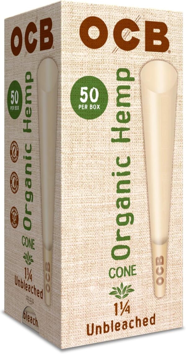 OCB Organic Hemp Unbleached Pre-Rolled Rolling Paper Cones 1-1/4 (84mm) Size - 50 Cones - Image 2