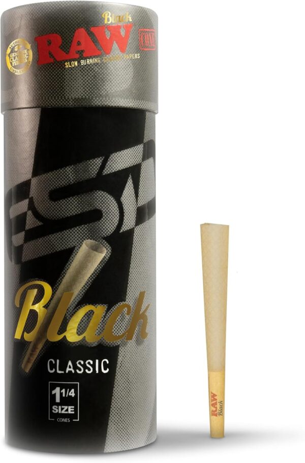 RAW Cones Classic Black 1-1/4 Size - 50 Pack - Slow Burning Pre Rolled Cones - Rolling Paper Pressed Extra Fine for Thin, Naturally Translucent Paper with Tips & Packing Tubes Included