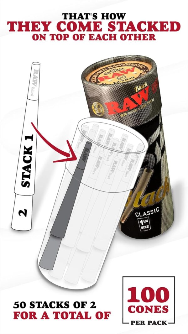 RAW Cones Classic Black 1-1/4 Size | 100 Pack | Slow Burning Pre Rolled Cones - Rolling Paper Pressed Extra Fine for Thin, Naturally Translucent Paper with Tips & Packing Tubes Included - Image 2