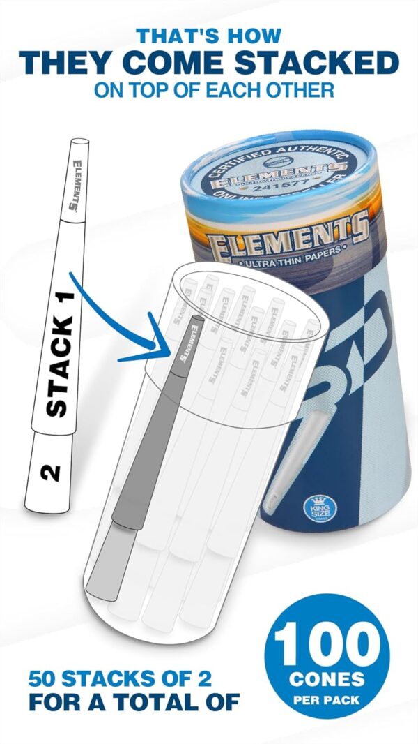 Elements Ultra Thin Rolling Paper Cones King Size | 100 Pack | Pre Rolled with Tips and Packing Tubes Included - Image 2