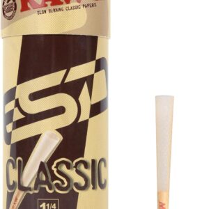 RAW Cones Classic 1-1/4 Size - 50 Pack - Slow Burning Pre Rolled Cones made of Paper with Tips & Packing Tubes Included