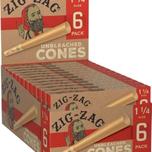 Zig-Zag Unbleached Pre Rolled Paper Cones - 1 1/4 Size (84mm) - 24 Packs of 6 (144 Total Cones) - Prerolled