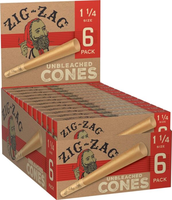Zig-Zag Unbleached Pre Rolled Paper Cones - 1 1/4 Size (84mm) - 24 Packs of 6 (144 Total Cones) - Prerolled