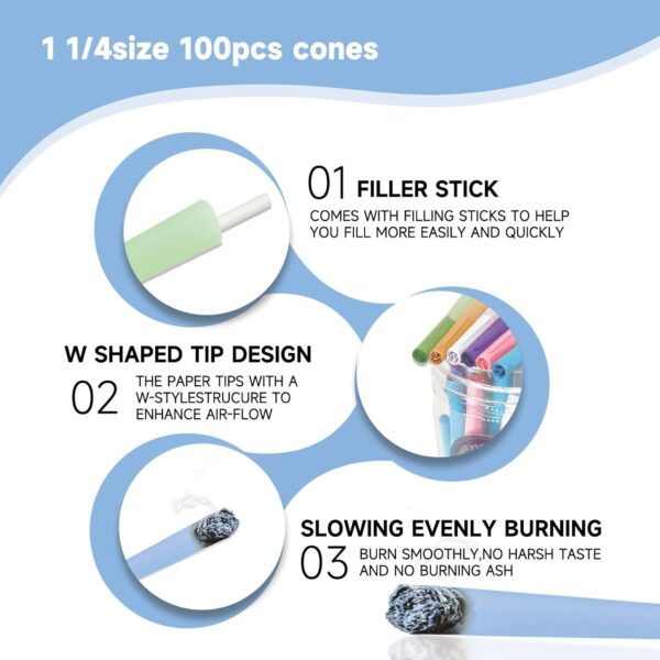 100 PACK Colorful Pre Rolled Cones| King Size Rolling Paper Cone with Loader and Packing Sticks - Image 6