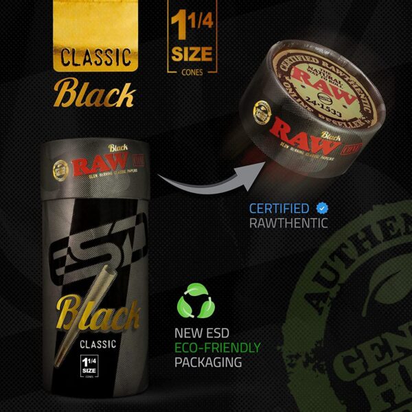RAW Cones Classic Black 1-1/4 Size - 50 Pack - Slow Burning Pre Rolled Cones - Rolling Paper Pressed Extra Fine for Thin, Naturally Translucent Paper with Tips & Packing Tubes Included - Image 4
