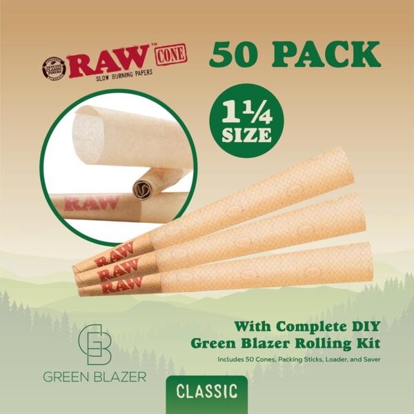 RAW Cones 1 1/4 Size: 50 Pack Patented Slow Burning Pre Rolled Rolling Papers & Tips, Classic Raw Paper, 84mm - Image 2