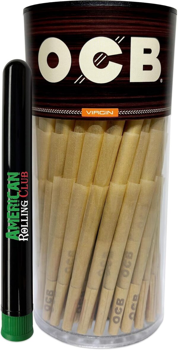 OCB Virgin Prerolled Cones | 1-1/4 Size | 150ct Pack | Unbleached Pre-Rolled Cigarette Paper with Tips and Packing Sticks ~ Includes ARC Saver (150 Count)