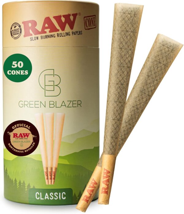 RAW Cones 1 1/4 Size: 50 Pack Patented Slow Burning Pre Rolled Rolling Papers & Tips, Classic Raw Paper, 84mm