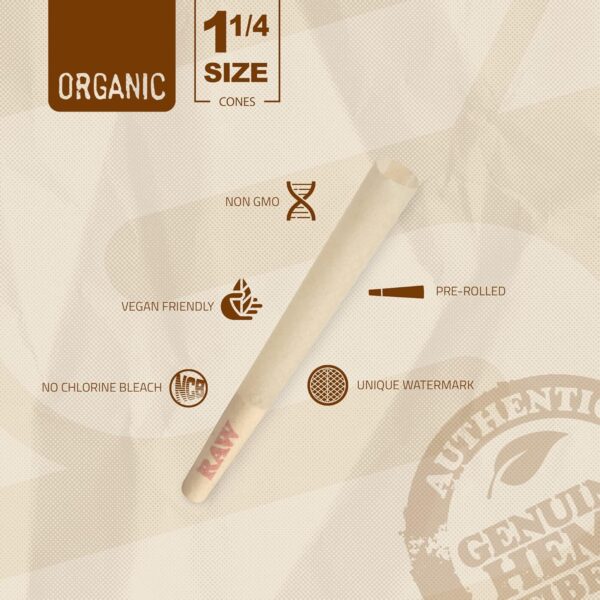 RAW Cones Organic 1-1/4 Size | 100 Pack | Pre Rolled Rolling Paper with Tips & Packing Tubes Included - Image 3