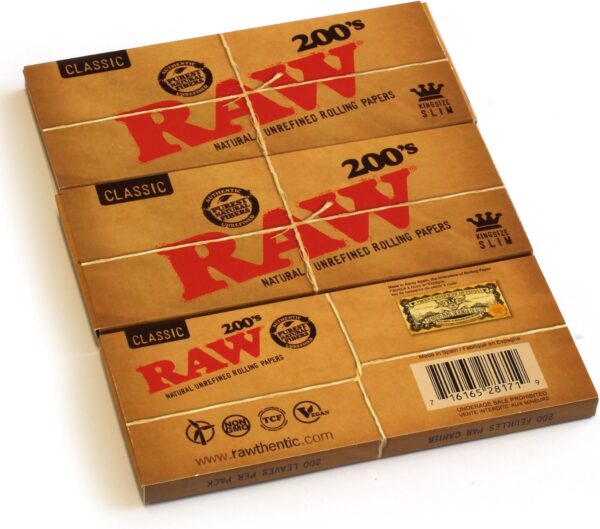RAW Classic 200 King Size Slim uncreased Rolling Paper, Brown, 200 Count (Pack of 3)