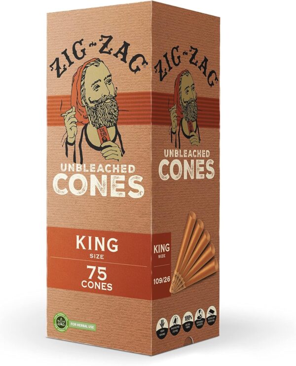 ZIG-ZAG King Size Pre Rolled Cones - 75 Pack - Natural Unbleached Rolling Papers - Easy to Use & Convenient Bulk Pack - Prerolled