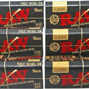 RAW Classic Black 1 1/4 Size Natural Unrefined Ultra Thin 79mm Rolling Papers (6 Packs)