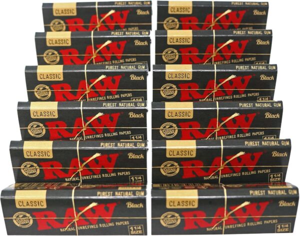 RAW Classic Black 1 1/4 Size Natural Unrefined Ultra Thin 79mm Rolling Papers (12 Packs)