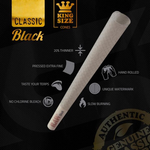 RAW Black Cones King Size - 50 Pack - Slow Burning Pre Rolled Cones - Rolling Paper Pressed Extra Fine for Thin, Naturally Translucent Paper with Tips & Packing Tubes Included - Image 3