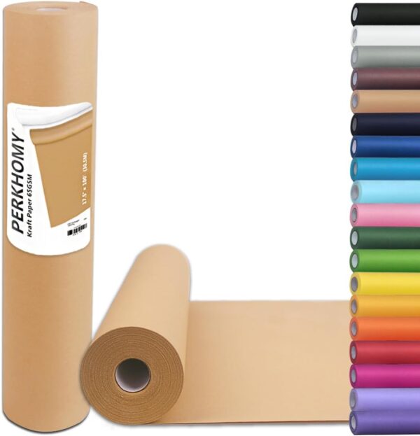 PerkHomy 17.5" x 1,200" (100') Brown Kraft Paper Roll for Gift Wrapping Bulletin Board Kids Craft Art Bouquet Flower Packing Moving Shipping Floor Covering Table 70GSM 50LB (Brown, 17.5" x 100')