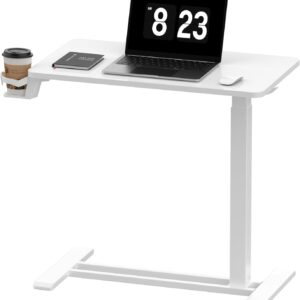 FLEXISPOT H7 Adjustable Overbed Bedside Table with Wheels Pneumatic Mobile Standing Desk Laptop Desk Rolling Computer Cart Movable Overbed Table Hospital Home Use(27.6" W x 15.7" D, White)