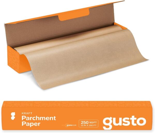 GUSTO [15 in x 200 ft - 250 Sq.Ft] Kraft Parchment Paper for Baking, Non-Stick Baking Paper - Parchment Paper Roll With Cutter for Air Fryer, Baking & Cooking (Formery Comfy Package)