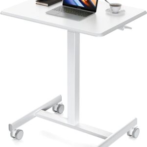 Sweetcrispy Small Mobile Standing Desk, Rolling Laptop Computer Carts, Portable Laptop Desk with Wheels, Adjustable Height Table for Home Office, White