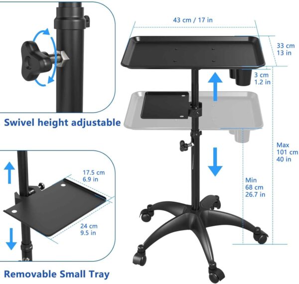 Salon Tray Cart with Storage Platform, Aluminum Tattoo Tray with Wheels Trolley Adjustable Height, Salon Tray Equipment Service Instrument Storage Tray Accessory for Salon & Spa Use, Black - Image 2