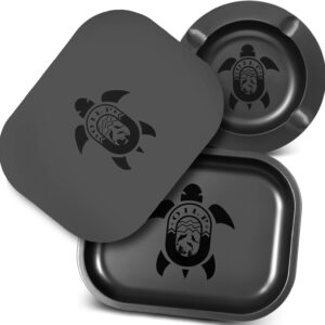Black Rolling Tray with Magnetic Lid & Cool Ashtray for Outside Patio Outdoor Home Cute Decor,Metal Ash tray Set for Storage or Travel- Set of 3 (Funny Turtle Design)