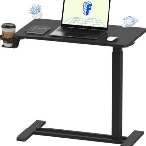 FLEXISPOT H7 Adjustable Overbed Bedside Table with Wheels Pneumatic Mobile Standing Desk Laptop Desk Rolling Computer Cart Movable Overbed Tables Hospital Home Use(27.6" W x 15.7" D, Black Table)